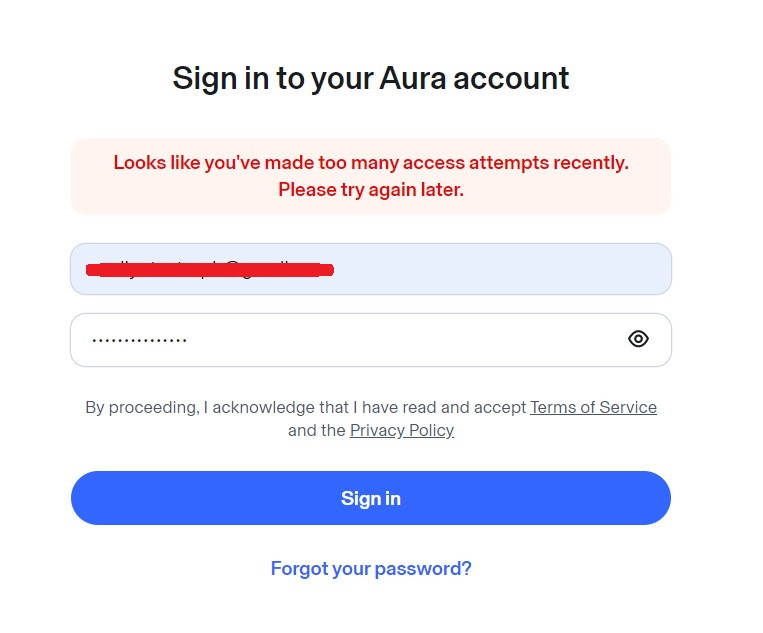 Too many unsuccessful Aura login attempts